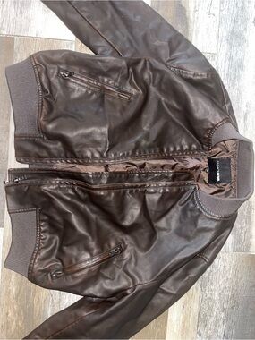 Fashion Nova Men's Dark Brown Faux Leather Bomber Jacket